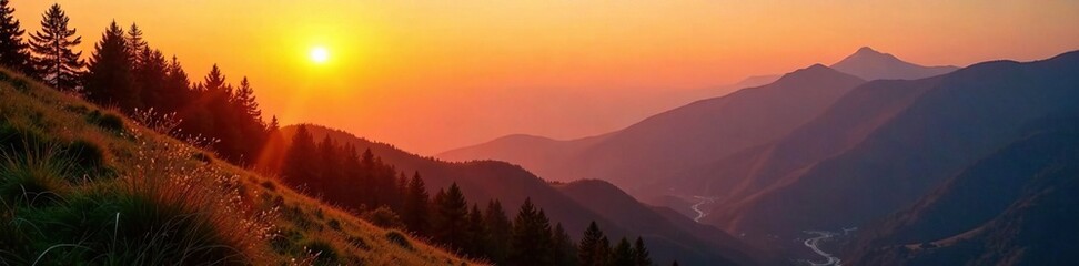 Obraz premium Warm golden tones cast over mountain scenery at sunset hour, hillside, trees