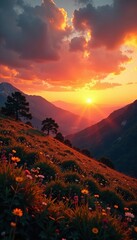 Fototapeta premium Warm orange hues descend upon the landscape at dusk, natural scenery, warm glow, calm evening