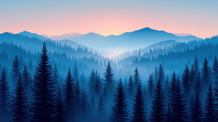Obraz premium Misty sunrise over coniferous forest valley with distant mountain range background