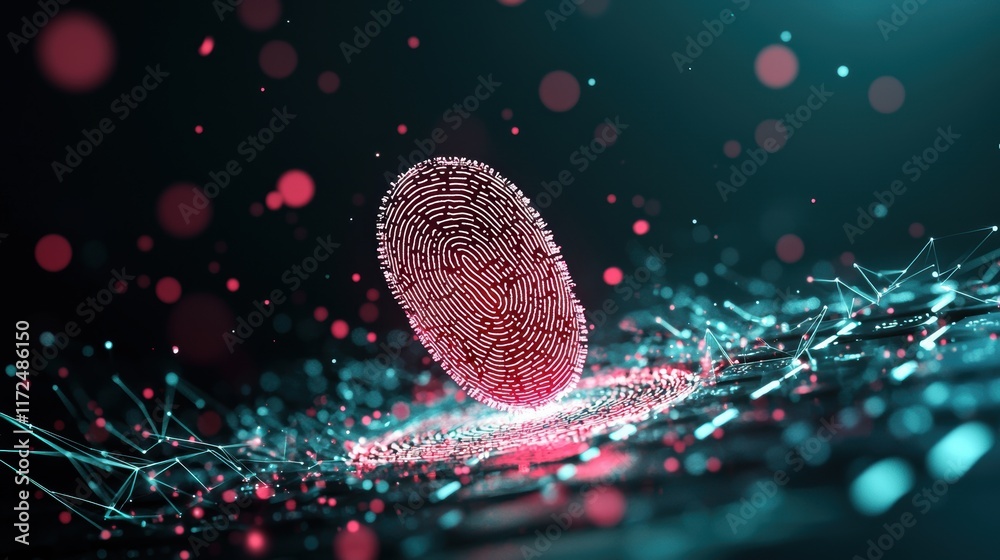 Poster a close up shot of a fingerprint glowing on a keyboard, set against a dark backdrop with cascading l