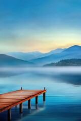 Obraz premium A photostock of a serene pier stretching into a misty blue lake at dawn