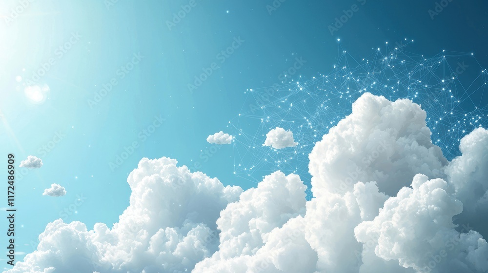 Poster a blue sky with fluffy white clouds transforming into digital data clouds, symbolizing the transitio