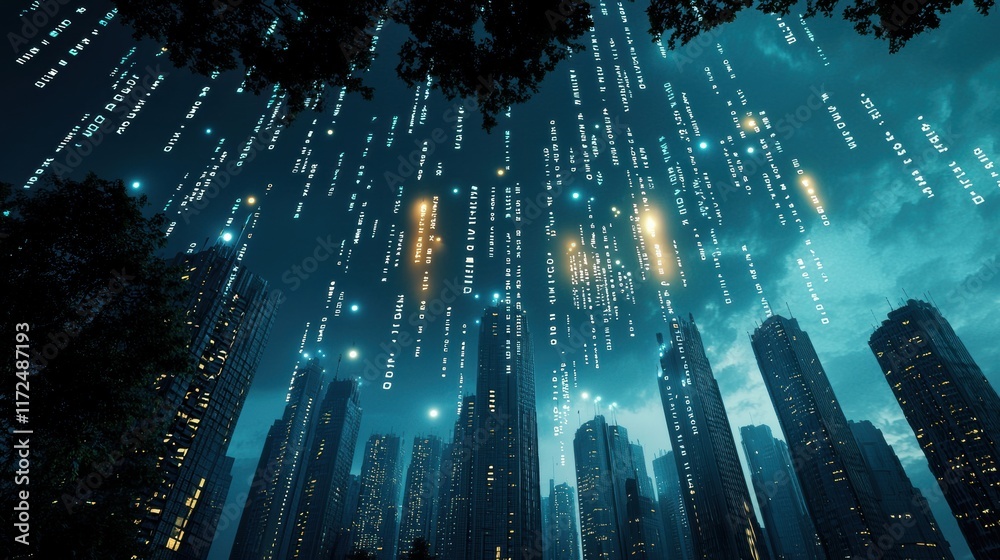 Wall mural a futuristic cityscape at night with buildings illuminated by streams of binary code, depicting a wo