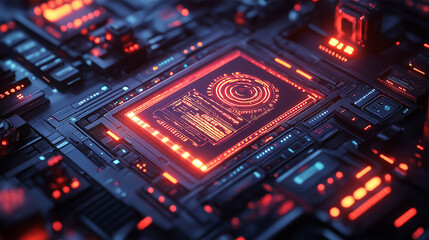 Fototapeta premium Futuristic Microchip on a High-Tech Circuit Board with Glowing Components