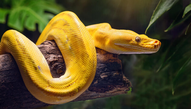 A vibrant yellow snake coiled around a tree branch in a lush, green environment.