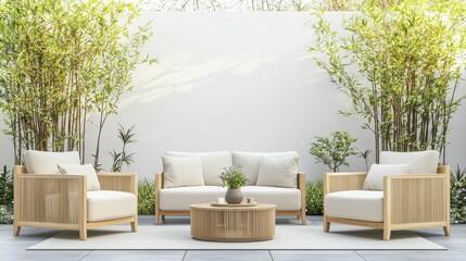 interior design bamboo , organic , neutral Modern outdoor seating with greenery backdrop.