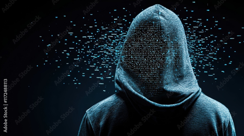 Poster a hooded figure in a dark room, illuminated by the glow of multiple computer screens displaying line