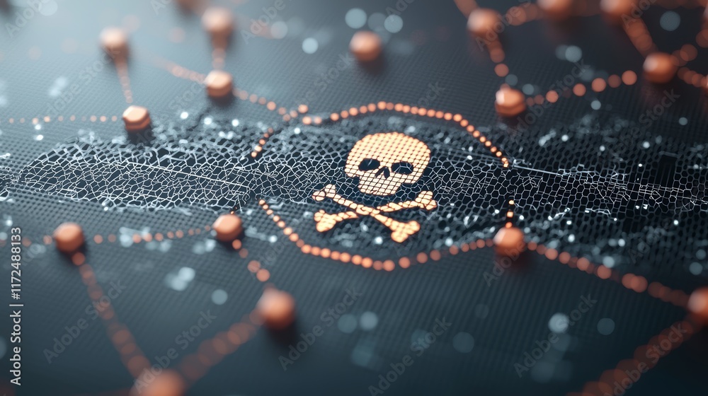 Poster a close up shot of a computer screen displaying a skull and crossbones warning, indicating a cyberat