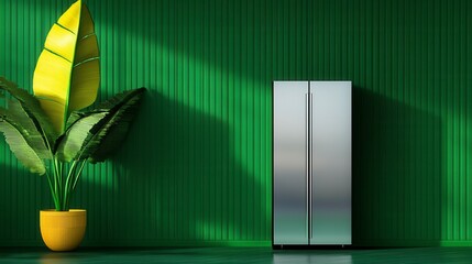Modern kitchen interior featuring a sleek stainless steel refrigerator next to a vibrant green wall and a large leafy plant