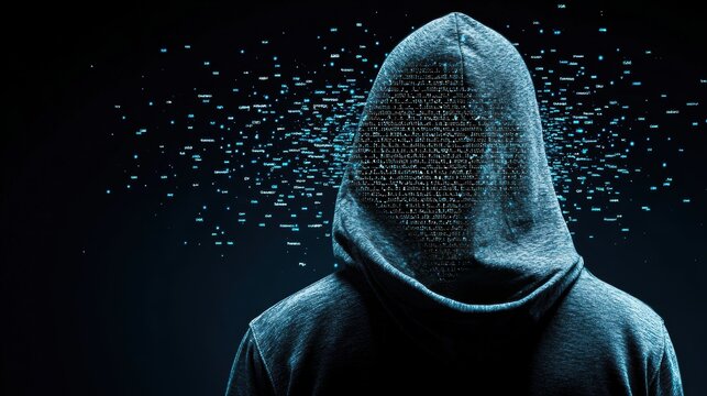 A hooded figure in a dark room, illuminated by the glow of multiple computer screens displaying lines of code, representing the clandestine world of hackers.