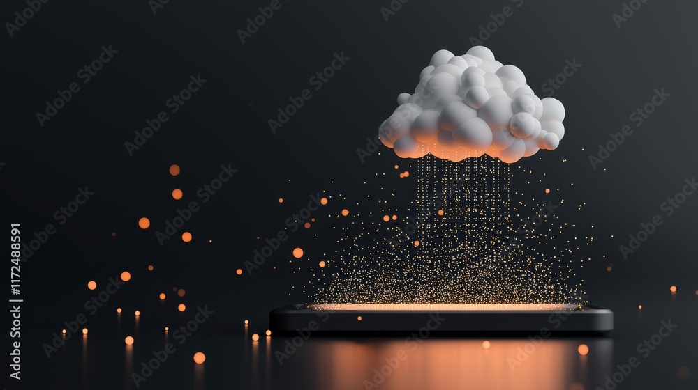 Poster an abstract visualization of encrypted data being transmitted to and from a cloud server, highlighti
