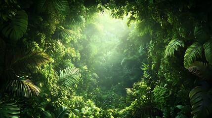 A lush forest canopy frame with layered tropical leaves in deep and vibrant greens, intricate textures illuminated by warm natural light, central area left open for text, serene and immersive,