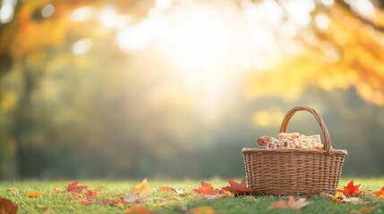 A Rustic Basket Filled with Freshly Baked Pastries Resting on Colorful Autumn Leaves Under the Soft Golden Light of a Beautiful Fall Morning