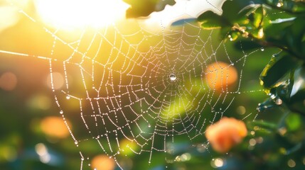 Dew-Covered Spiderweb at Sunrise