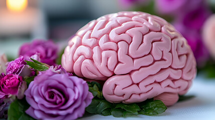 A pink brain model surrounded by vibrant purple roses and green leaves, creating a striking contrast and a unique visual appeal.