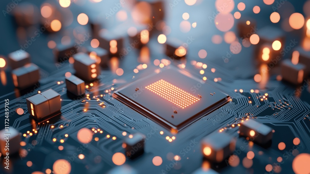 Poster close up shot of a circuit board with glowing lines and data points, symbolizing the physical infras