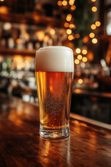 A tall glass of golden beer with a thick white foam head, sitting on a wooden bar counter illuminated by soft golden light