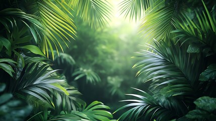 A lush tropical border with elegant palm leaves in vibrant green tones, soft light creating a natural glow, central blank area left open for text, detailed and immersive, hd quality. --ar 16:9