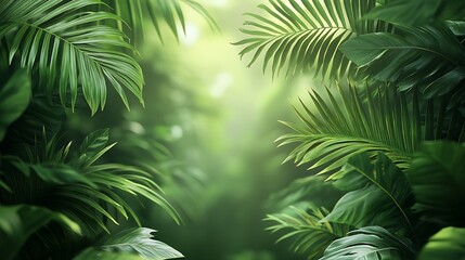 A lush tropical border with elegant palm leaves in vibrant green tones, soft light creating a natural glow, central blank area left open for text, detailed and immersive, hd quality. --ar 16:9