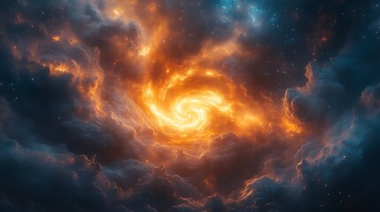 Fototapeta premium Fiery spiral nebula within dark clouds.