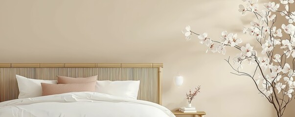interior design bamboo , organic , neutral Cozy bedroom with a natural aesthetic and floral decor.