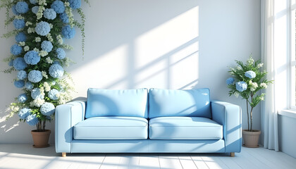 Fototapeta premium light blue sofa in modern living room with flower wall and natural light