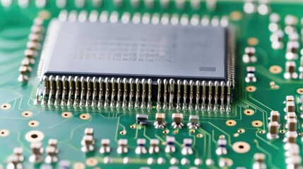 Close-up of a microchip on a green circuit board, showcasing electronic components.