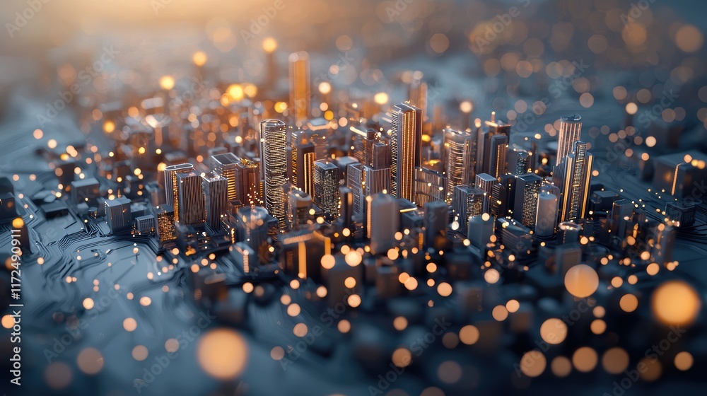 Poster futuristic cityscape with glowing data streams flowing into a central ai hub, visualizing the use of