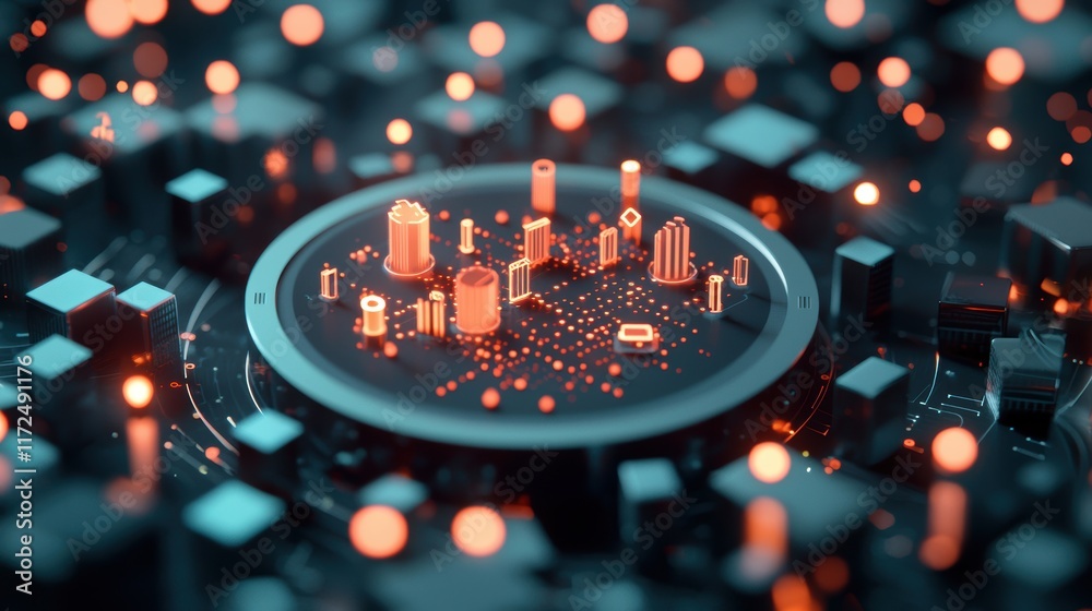 Poster futuristic city with interconnected devices and sensors collecting and exchanging data, visualizing 