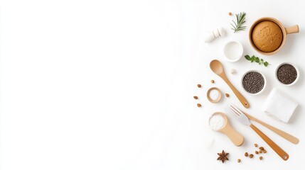 Fototapeta premium An Aesthetic Arrangement of Baking Ingredients on a White Surface Featuring Spices, Herbs, and Cooking Utensils Ideal for Food Blogs and Culinary Projects
