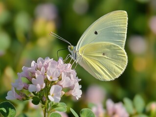 Obraz premium Pale yellow butterfly with translucent wings delicately perched on light pink flowers, a close-up shot showcasing intricate details against a soft green background.