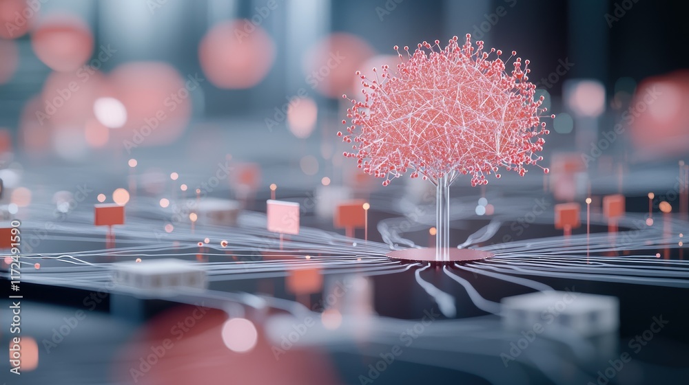 Poster abstract representation of a quantum network with interconnected quantum computers, visualizing the 