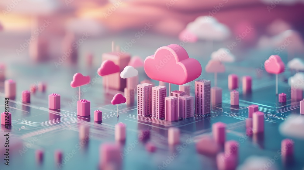 Poster abstract representation of a hybrid cloud environment with glowing public, private, and edge cloud c