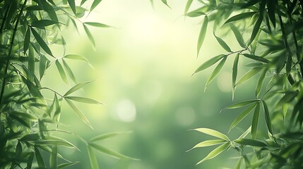 Naklejka premium A peaceful bamboo leaf border with a cascade of soft green leaves surrounding the edges, subtle lighting highlighting their natural curves, leaving the center blank for text, simple and meditative,