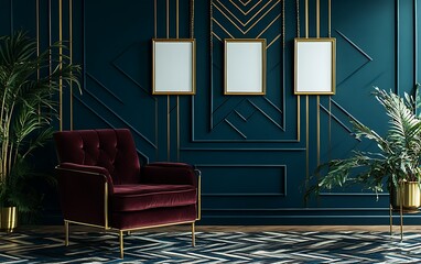 Luxurious velvet armchair in art deco room.