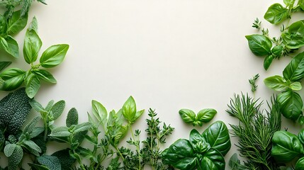 Obraz premium A playful border of culinary herb leaves like basil, thyme, and dill, arranged in a whimsical, flowing pattern, subtle shadows and natural light creating depth, the center blank for text,