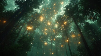 Obraz premium Forest where tree canopy is replaced by floating constellation map