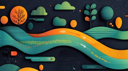 Obraz premium A vibrant illustration depicting a complex ecosystem, showcasing the interconnectedness of various organisms and their environment, with arrows indicating energy flow and relationships between