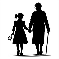 Grandparents walking silhouette vector. Child enjoying with grandfather and grandmother vector art illustration on a white background