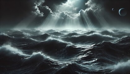 Fototapeta premium Dark stormy ocean with black waves and faint gray foam under dim light, perfect for background and wallpaper