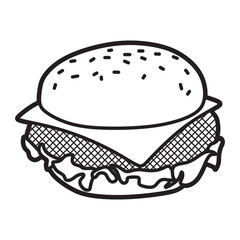 simple black and white line drawing, fast food, burger