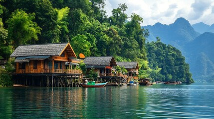 Obraz premium A peaceful river delta with traditional stilt houses above the water