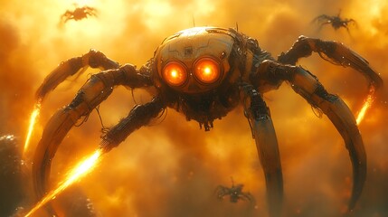 Robotic spider attacking in fiery battle.