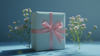 Gift Box with Pink Ribbon and Flowers