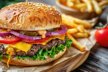 Homemade cheeseburger with cheese and vegetables served with french fries and salad