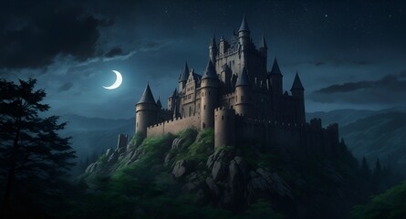 A dark and mysterious castle perched on a jagged cliff in the distance, shrouded in mist and illuminated by the pale light of a crescent moon. The castle has towering spires and gothic architecture, 3