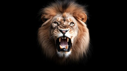 Fototapeta premium A portrait of a mature male lion with a dark, full mane framing his face, his mouth slightly open in a soft growl, revealing his sharp teeth.