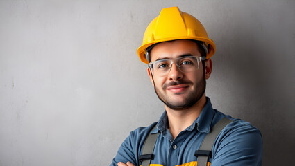 A composed construction worker with a hard hat and goggles leans against a textured background, representing modern industry and confidence in his role.