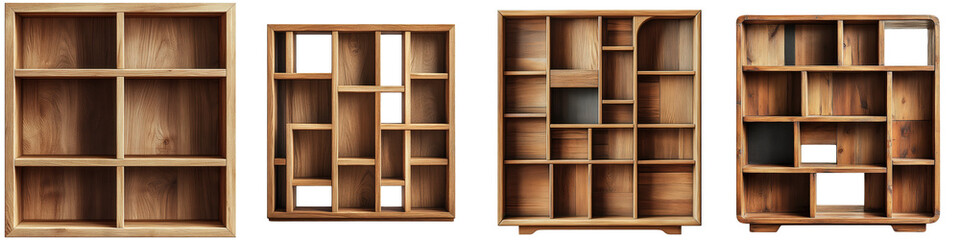 Modular Wooden Bookcase Cutout Collection Isolated on White Background for Modern Interior Design Projects