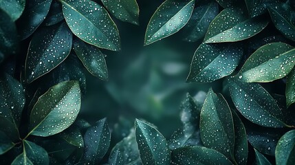Fototapeta premium A serene design with overlapping green leaves detailed with glistening dew droplets, arranged naturally to frame a central blank area for text, soft morning light enhancing the textures, hd quality.